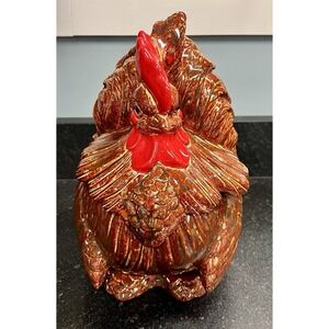 Vintage Ceramic Rooster Cookie Jar 11" Farmhouse Kitchen Canister Brown Red
